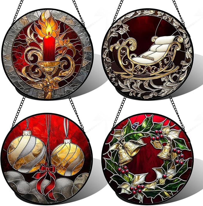AMDERVEN Stained Glass Window Hanging 4 Pcs Set Christmas Golden Bell Sleigh