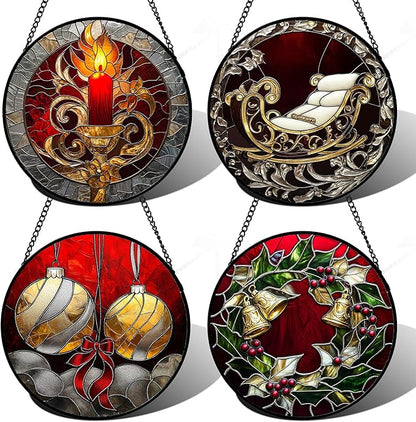 AMDERVEN Stained Glass Window Hanging 4 Pcs Set Christmas Golden Bell Sleigh