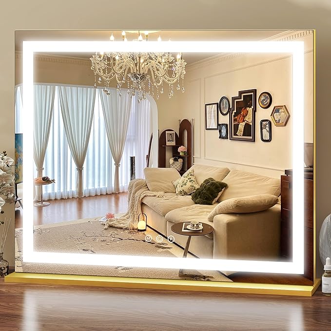 ROLOVE Gold Vanity Mirror with Lights 23x18 Inch, 3-Color Dimmable LED & Touch