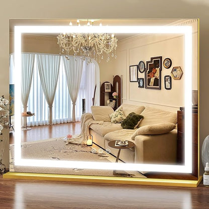 ROLOVE Gold Vanity Mirror with Lights 23x18 Inch, 3-Color Dimmable LED & Touch