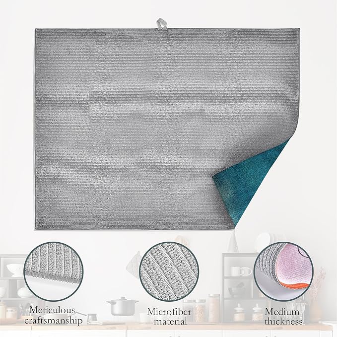 Teal Grey Abstract Art Dish Drying Mat, Drying Rack Pad Countertop Dishes Ultra