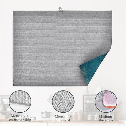 Teal Grey Abstract Art Dish Drying Mat, Drying Rack Pad Countertop Dishes Ultra