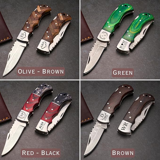 Personalized Folding Knife, Damascus Brown Blue Pocket Knife, Groomsmen Gift, Personalized Gift for Dad, Son, Husband, Boyfriend, Anniversary or Father’s Day Present, Christmas Gift