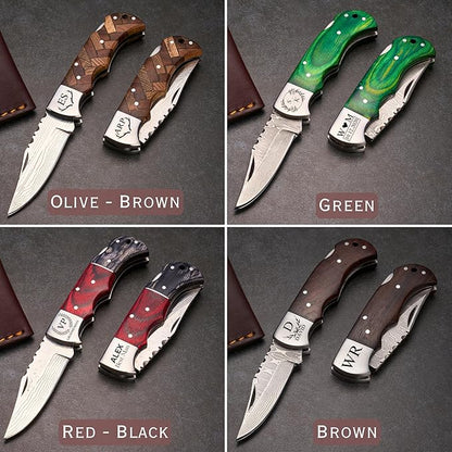 Personalized Folding Knife, Damascus Brown Blue Pocket Knife, Groomsmen Gift, Personalized Gift for Dad, Son, Husband, Boyfriend, Anniversary or Father’s Day Present, Christmas Gift