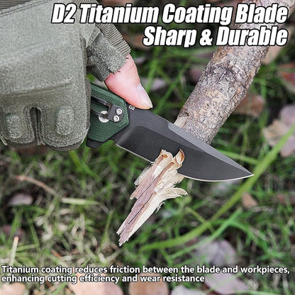 FLISSA Pocket Folding Knife, 3.2??D2 Blade G10 Handle EDC Knife with Button Lock and Pocket Clip for Hunting, Camping, Survival, Outdoor Activities(Green)