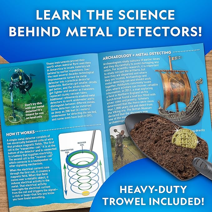National Geographic Starter Metal Detector Kit for Kids - Kids Metal Detector with 7.4" Waterproof Coil & Trowel, Lightweight Gold Detector, Beach Detecting, Gift for Boys & Girls