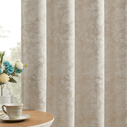 Beauoop Beige Floral Jacquard Blackout Curtains 96 Inches Long 2 Panels