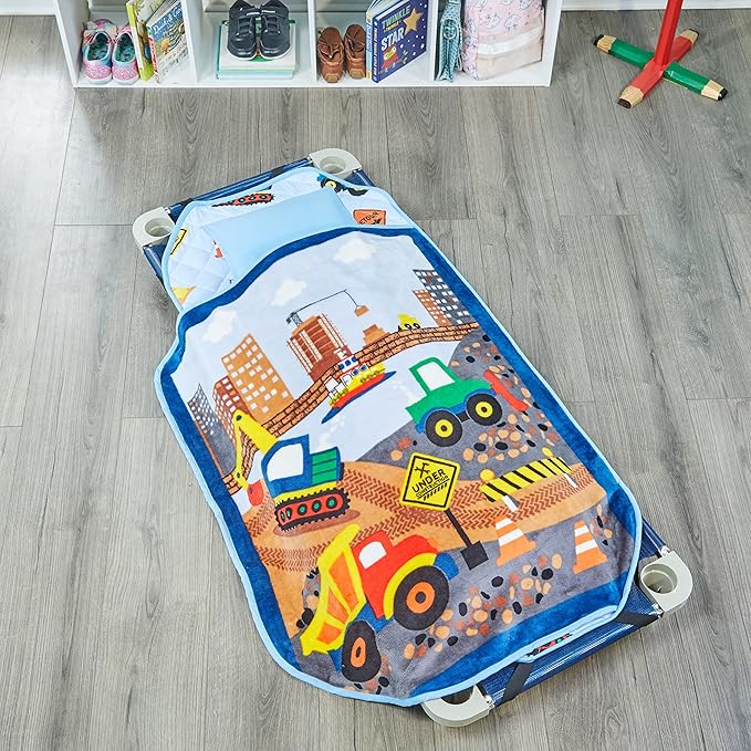 EVERYDAY KIDS Cute Preschooler and Toddler Cot Nap Mat for Home, Daycare, Preschool and Kindergarten; Easy to Roll Sleeping Mat with Elastic Straps, Pillow and Blanket
