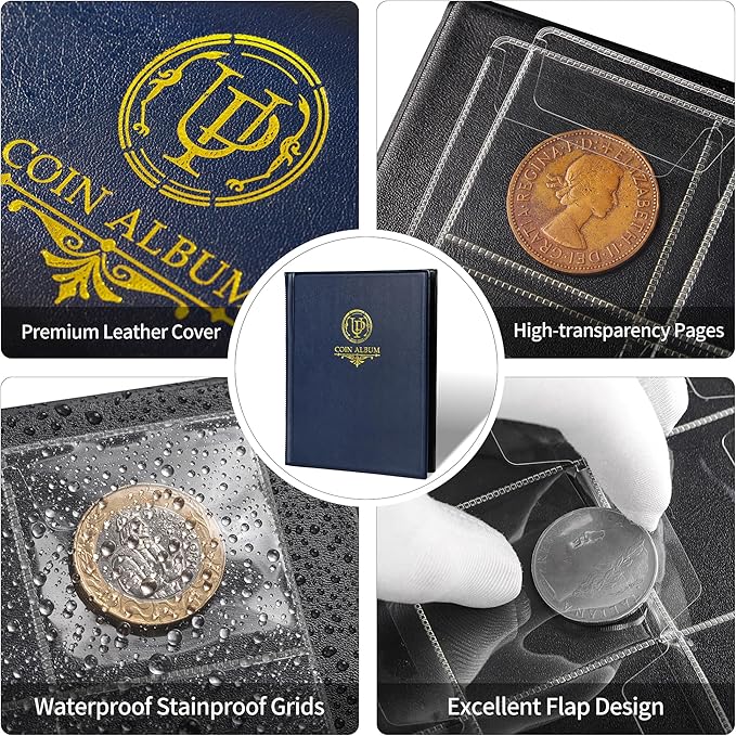 120 Pockets Coin Album - Coin Collecting Book with 10 Pages, 45x43 mm Grid Holder for Pounds Pence Cents Dollars Nickel (Blue) CS48120BL
