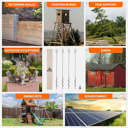 Earth Anchors - 24" Set of 4 Heavy Duty Ground Stakes with Drill Bit - Mobile Home, Shed & Swing Set Anchors - Tree & Awning Canopy Stakes