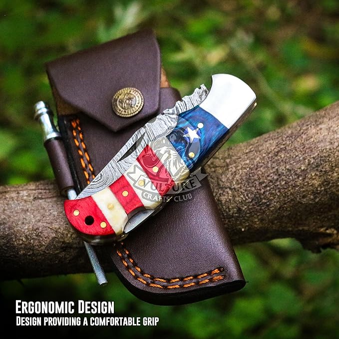 Damascus Steel Pocket Knife with Clip and Leather Sheath - EDC Knife for Outdoor and Camping Activities, Handmade Folding Knife, Free knife Sharpner (American Flag handle) (American Flag Handle)