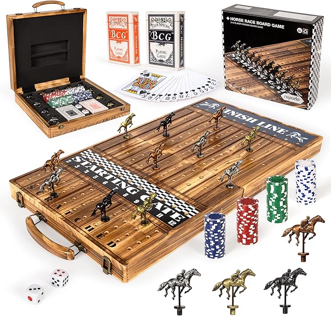 ropoda 23 inches Horse Race Board Game with 11 Luxury Horses,Foldable Wood Horse Racing Board Game with 100 Pcs Chips,2 Dice and 2 Boxes of Cards,Vintage Color