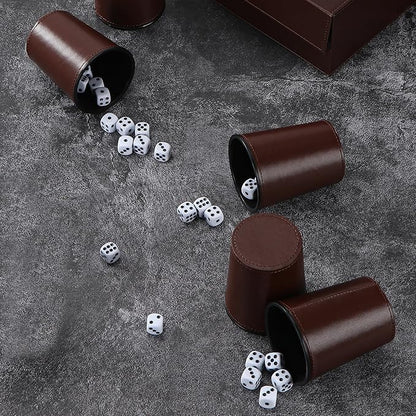 5X Dice Cup Set, PU Leather Dice Shaker Cups with 30 Dices for Bar Party Yahtzee Farkle Dice Games, Coffee (5, Brown)