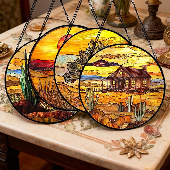 DASTOLL Stained Glass Window Hanging 4 Pcs Set Desert Sunset Theme Landscape
