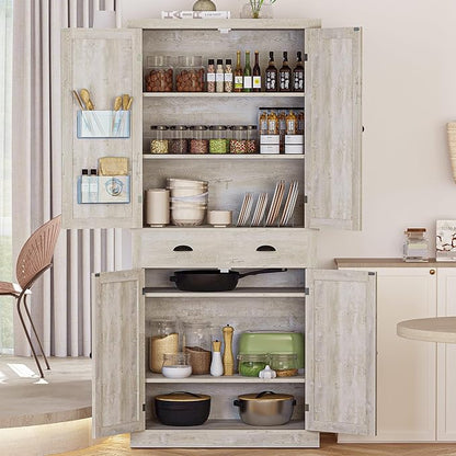 IRONCK Kitchen Pantry Storage Cabinet 72.6" H, with Barn Doors, Drawer, 4 Adjustable Shelves, Freestanding Cupboard for Dining Room Living Room, Laundry, Rustic Maple