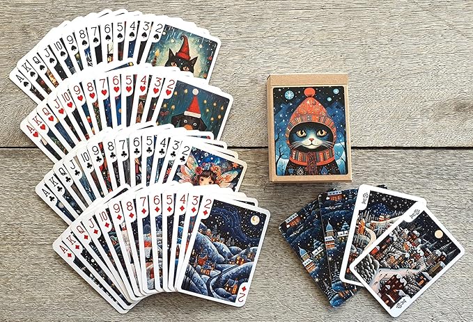 Fairytale Christmas Playing Cards (Poker Deck 54 Cards All Different) Naïve Art Adorable Christmas Girls Fairies Dogs and Cats Wintery Landscapes Vintage Kids Book Illustration
