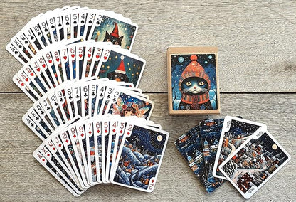 Fairytale Christmas Playing Cards (Poker Deck 54 Cards All Different) Naïve Art Adorable Christmas Girls Fairies Dogs and Cats Wintery Landscapes Vintage Kids Book Illustration