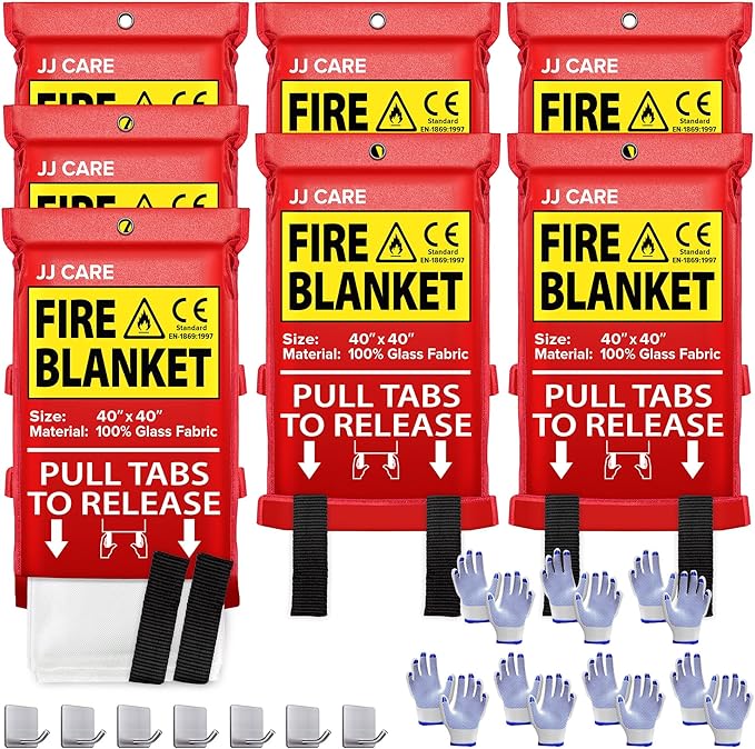 JJ CARE Fire Blanket ??7 Packs with Hooks and Gloves ??40??x 40??Fire Blankets Emergency for Home and Kitchen, High Heat Resistant and Flame Protection for Kitchen, Car, Office, Camping & Home Safety