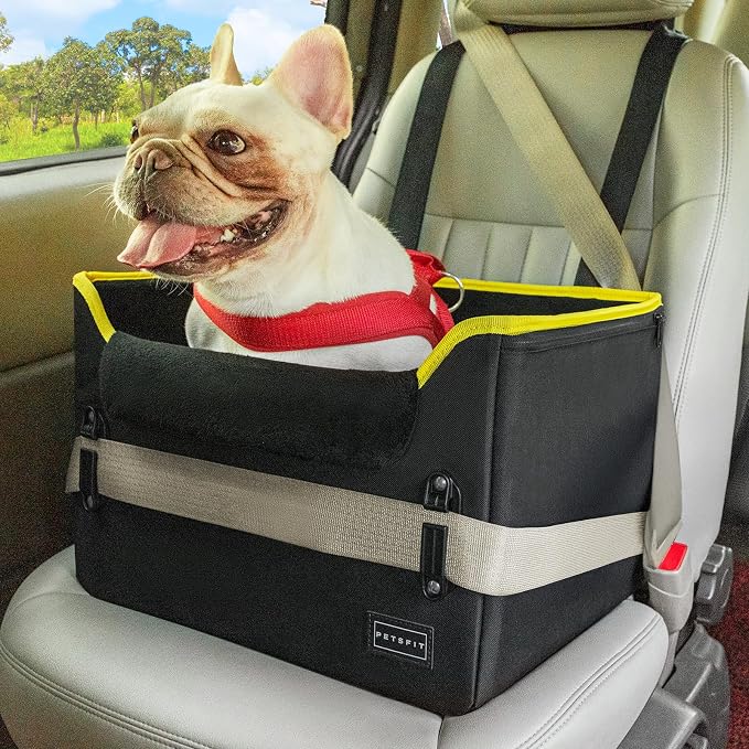 PETSFIT Small Dog Car Seat – Patented Safety Buckles – Safety Tether – Foldable Travel Dog Booster Car Seat Reduces Anxiety & Road Trips – Stable Frame, Soft Cushion, Fits Front/Back Seat