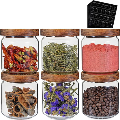 Small Glass Jars with Labels Spice Jar Round Storage Canister with Wooden Lid Clear Glass Food Jar for Pantry Sugar Tea Coffee Bean Spice Nuts Cookies Bath Salts (6 * 420ml(14oz))