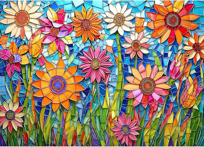 1000 Piece Mosaic Floral Stained Glass Puzzle - Vibrant Textured Paper Art, Challenging Adult Wall Decor 27.5x19.7 Inch
