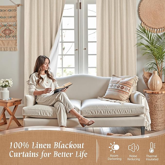 LAMIT 100% Blackout Linen Curtains 63 Inches Long, Flax Textured Living Room