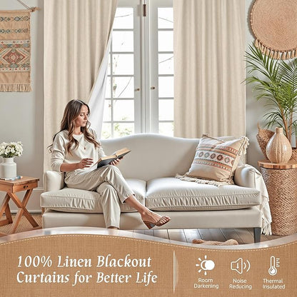 LAMIT 100% Blackout Linen Curtains 63 Inches Long, Flax Textured Living Room