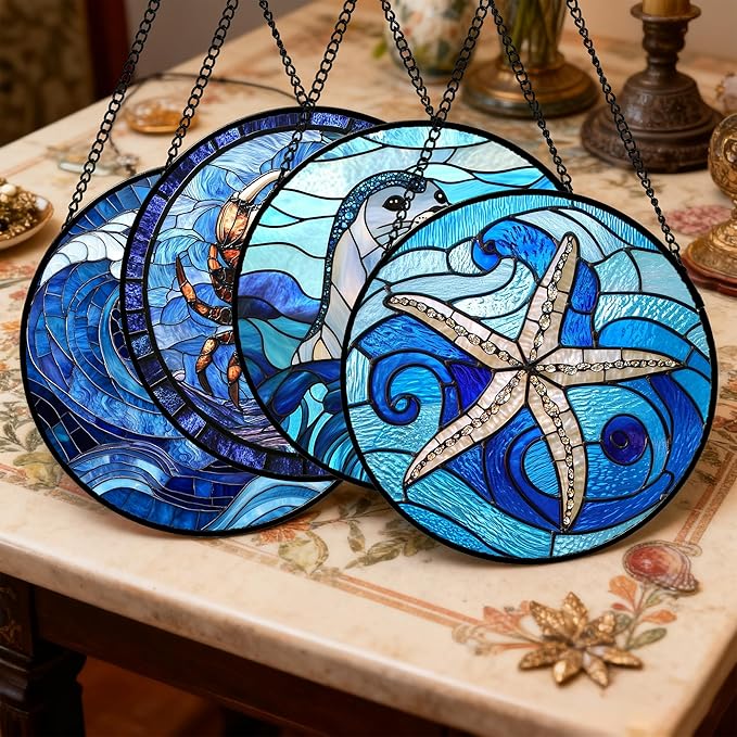 DASTOLL Stained Glass Window Hanging 4 Pcs Set Blue Ocean Waves Large 11.8"