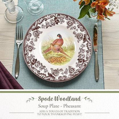 Spode Woodland Pheasant 9" Soup Plate - Rustic Fine Earthenware Bowl with Game Bird Design for Soup, Pasta or Salad - Dishwasher, Microwave, Oven & Freezer Safe - Mix & Match with Woodland or Delamere