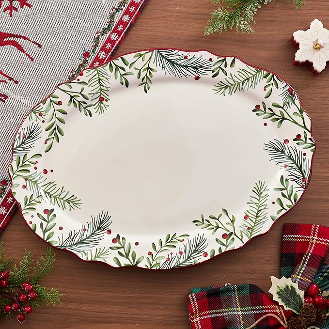 Bico Santa On The Way 16 plus 14 inch Scalloped Oval Platters Set, Set of 2, Microwave and Dishwasher Safe, for Serving Fish, Chicken, Turkey
