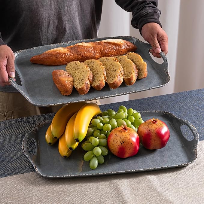 Extra Large Serving Tray with Handles, 19 x12 inch, Set of 2 Melamine Platters for Serving Food, Turkey, Cookie, Farmhouse Rectangular Trays for Eating, Dishwasher Safe, Gray