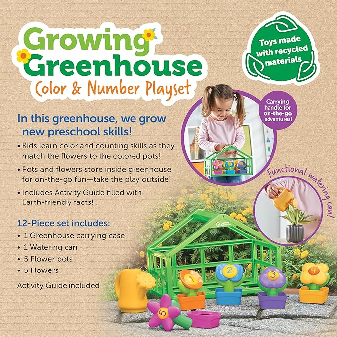 Learning Resources Growing Greenhouse Color & Number Playset - 12 Pieces, Ages 18 Months +, Preschool Activities, Toddler Montessori Toys, Gifts for Boys and Girls
