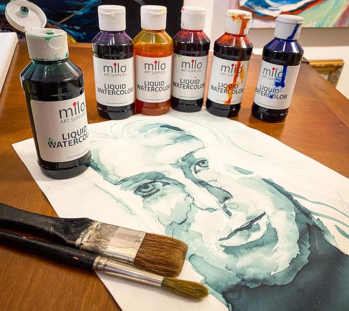 milo Liquid Watercolor Paint Set of 8 Colors | 4 oz Bottles | Washable, Safe and Non-Toxic | Made in USA | Art & Craft Paints for Kids, School Supplies Painting Set for Children | Easy to Pour Fluid Bottles