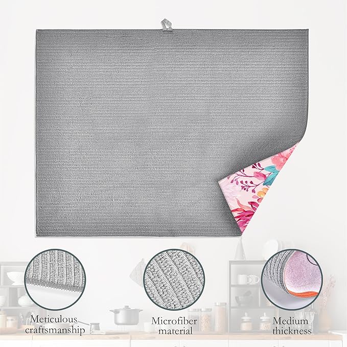 Humming Bird Dish Drying Mats 18x24 Inch, Tropical Flowers Dish Pad Drying Rack