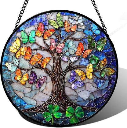 DASTOLL Stained Glass Window Hanging, Butterfly Tree Clover Sun Catchers Glass
