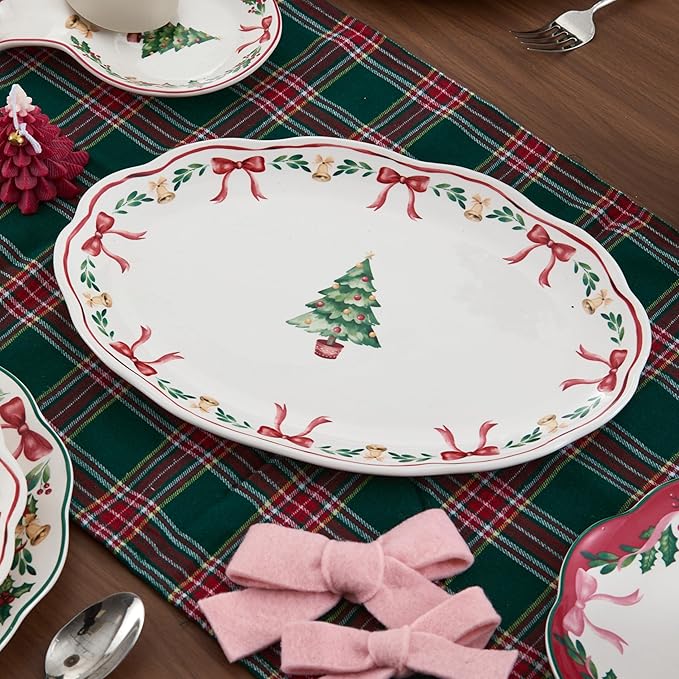 Bico Ribbon Christmas Scalloped 16 plus 14 inch Ceramic Oval Platters Set, Set of 2, Microwave & Dishwasher Safe, for Serving Fish, Chicken, Turkey