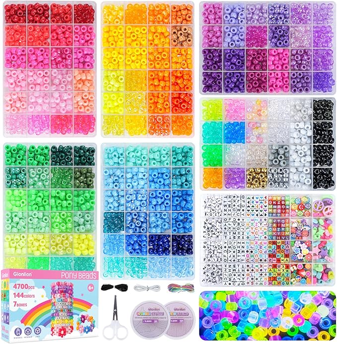 Gionlion 7 Boxes Pony Beads Bracelet Making Kit, 144 Colors 4700Pcs 6x9mm Kandi Rave Beads, Friendship Bracelet Kit with 800Pcs Letter Bead for DIY Jewelry, Keychains, Arts and Crafts for Kids Girls