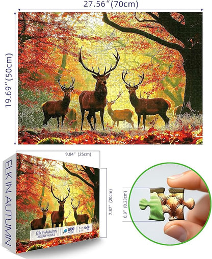 1000 Piece Jigsaw Puzzle for Adults - Autumn Elk Mountain Landscape, Challenging Nature Therapy Puzzle 27.5x19.7 Inch - Difficult & Unique Art Puzzle
