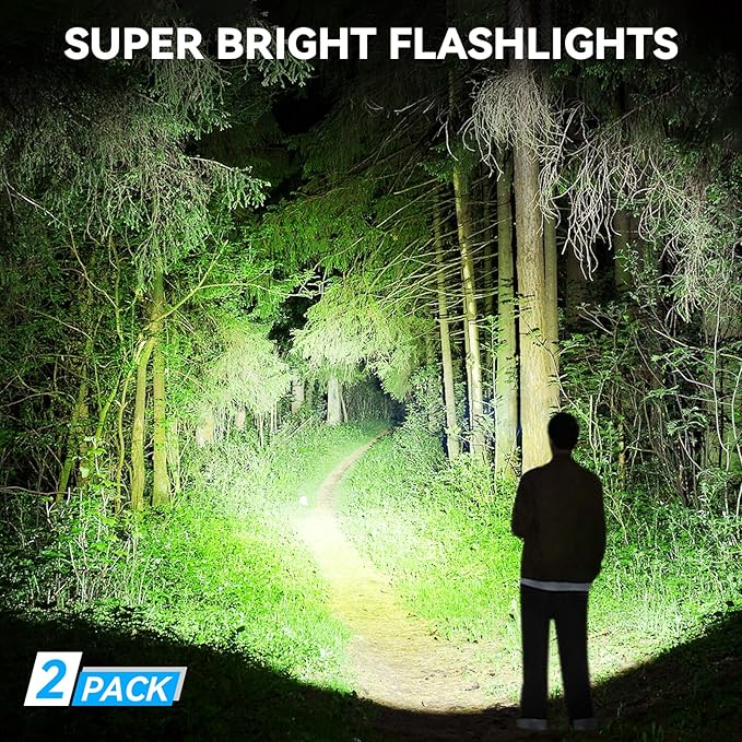 Flashlight Rechargeable LED High Lumens - 99,000 Lumens Super Bright Flashlights with 5 Modes, Adjustable，Waterproof Powerful Flash Light for Home, Camping(2 Pack)