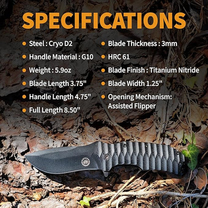 Off-Grid Knives - Rapid Fire Blackout - Large Folding Knife for Camping & EDC, Cryogenic D2 Blade Steel, Titanium Nitride Coating with G10 Scales & Deep Carry Clip