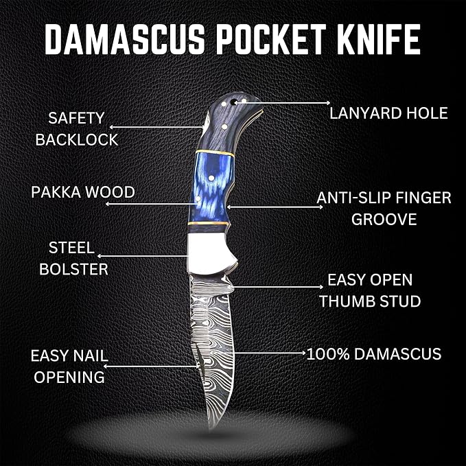 Handmade Damascus Pocket Knife for Men - 6.5 Inches Damascus Folding Pocket Knife with Clip Belt Holster Sheath - Pocket Knives & Folding Knives with Back Lock - EDC Knife Pocket.(Blue with Clip)