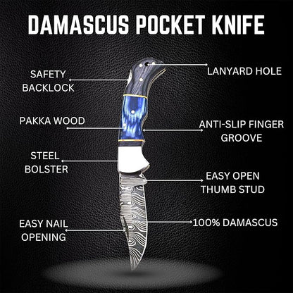 Handmade Damascus Pocket Knife for Men - 6.5 Inches Damascus Folding Pocket Knife with Clip Belt Holster Sheath - Pocket Knives & Folding Knives with Back Lock - EDC Knife Pocket.(Blue with Clip)