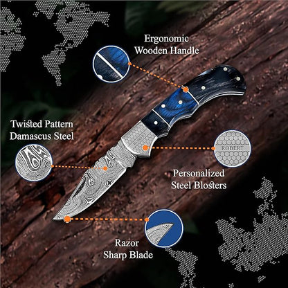 6.5' Personalized Engraved Damascus pocket knife for men Small folding knife for outdoor, camping, hiking, Customized Retirement Gifts for Husband Dad Boyfriend, Christmas