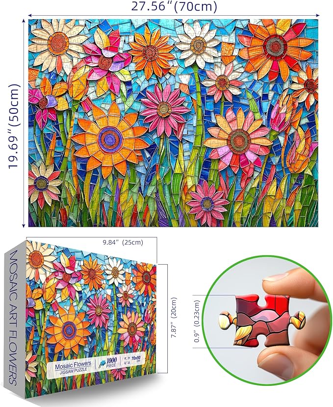 1000 Piece Mosaic Floral Stained Glass Puzzle - Vibrant Textured Paper Art, Challenging Adult Wall Decor 27.5x19.7 Inch