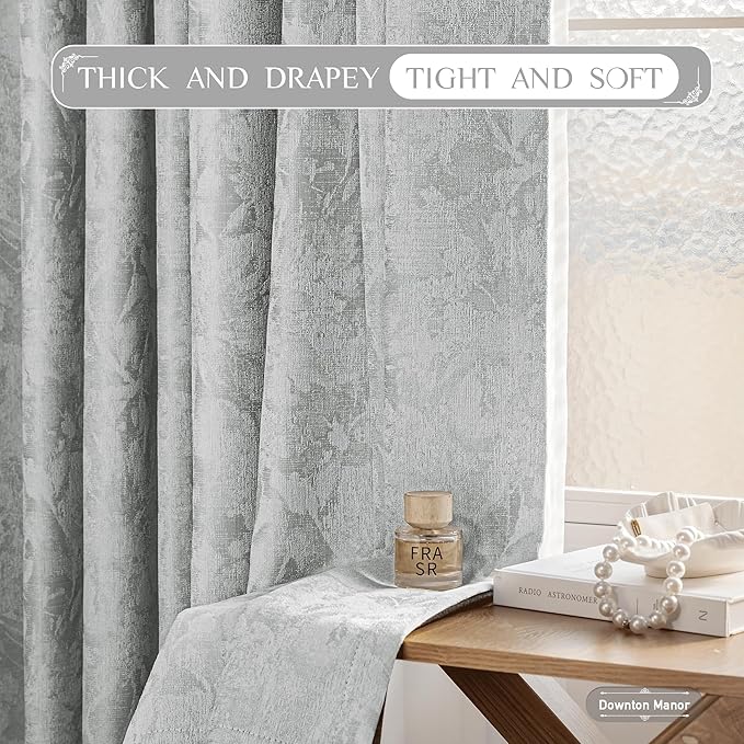 Beauoop Grey Floral Jacquard Blackout Curtains 63 Inches Long 2 Panels