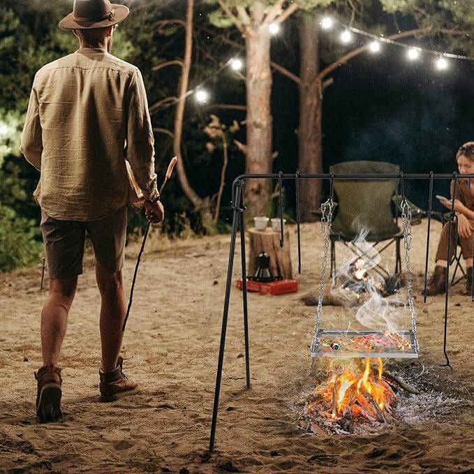 REDCAMP Swing Campfire Grill Stand - Collapsible Campfire Cooking Rack with 6 Hooks & Stainless Steel Grill Grate, Portable Dutch Oven Hanger for Outdoor Camping, Cookware, Bonfire, Rectangle ﻿