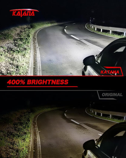 Katana 9007/HB5 Bulbs, 6500K White 400% Brightness High/Low Beam Plug and Play Mini Size Fog Light Bulb of 2