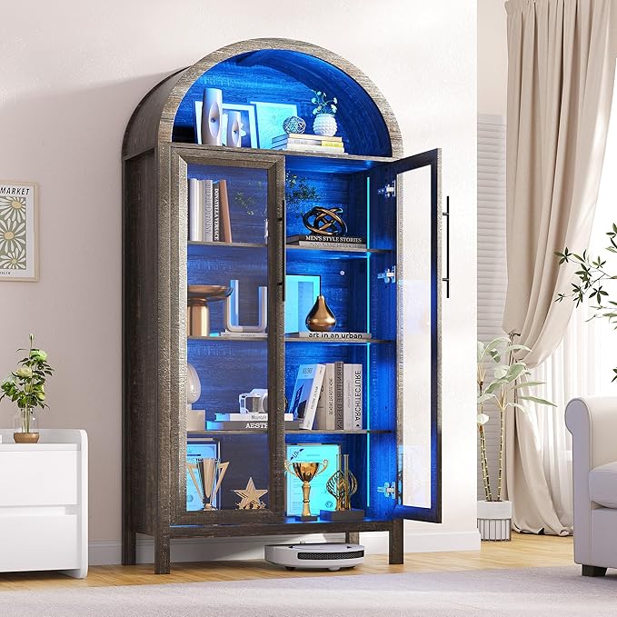 Arched Kitchen Pantry Cabinet with Glass Doors, Display Curio Case with 3 Color LED Lights for Collectibles, Modern 5-Tier Storage Hutch Cabinet Brown