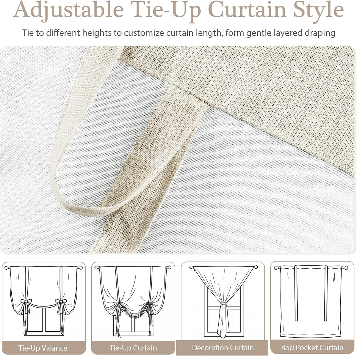DriftAway Double Layer Linen Blackout Tie Up Curtains Thermal Insulated Fully Lined Balloon Roman Shade Bathroom Window Adjustable Rod Pocket for Small Window 45 Inch by 63 Inch Beige