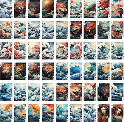Roaring Waves and Majestic Beasts Playing Cards (Poker Deck 54 Cards All Different) Great Wave Japan Sakura and Ancient Demons Vintage Styled Illustration